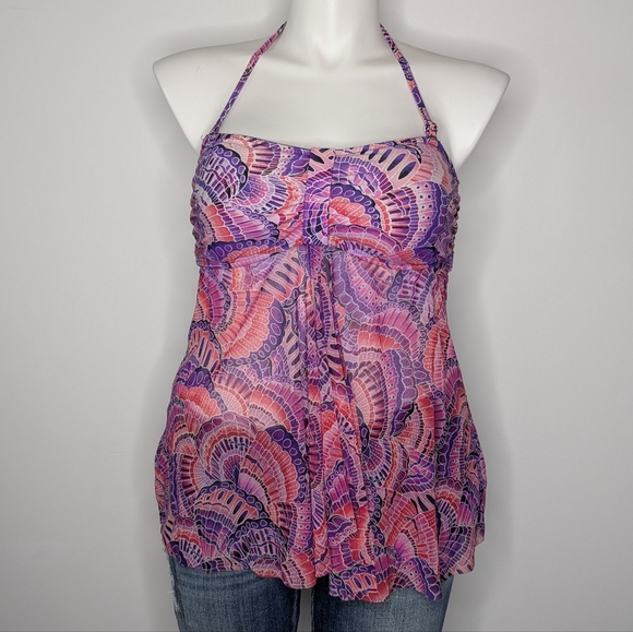 Croft & Barrow Pink Purple Butterfly Wing Sheer Split Front Tankini Bikini 14 - Picture 1 of 9